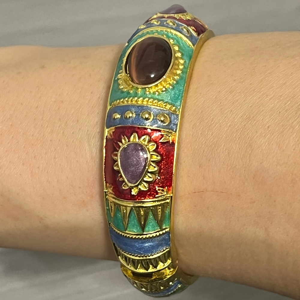 New Gold and Enamel Hinged Bangle Bracelet with Boho Design and Gemstones
